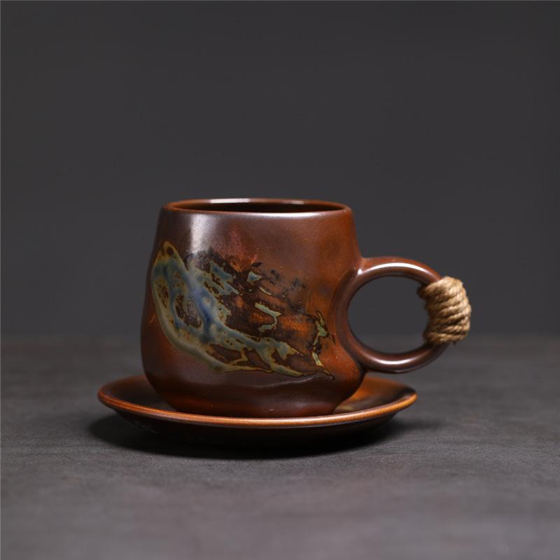Retro Ceramic Coffee Cup And Saucer Set Creative Souvenir Cup Afternoon Tea Mug Coarse Pottery Coffee Cup