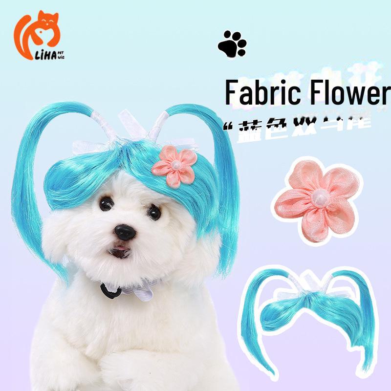 Entzückende blaue Doppelzopf-Perücke für Haustiere - Niedliche Crossdressing-Kopfbedeckung für Katzen und Hunde