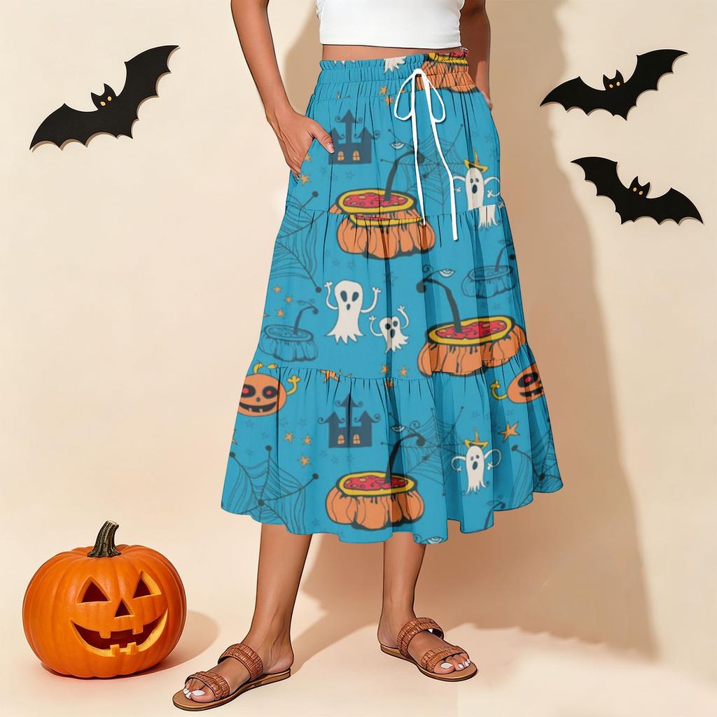 Women's Casual Stretch Waistband Drawstring Halloween Print Half-length Skirt
