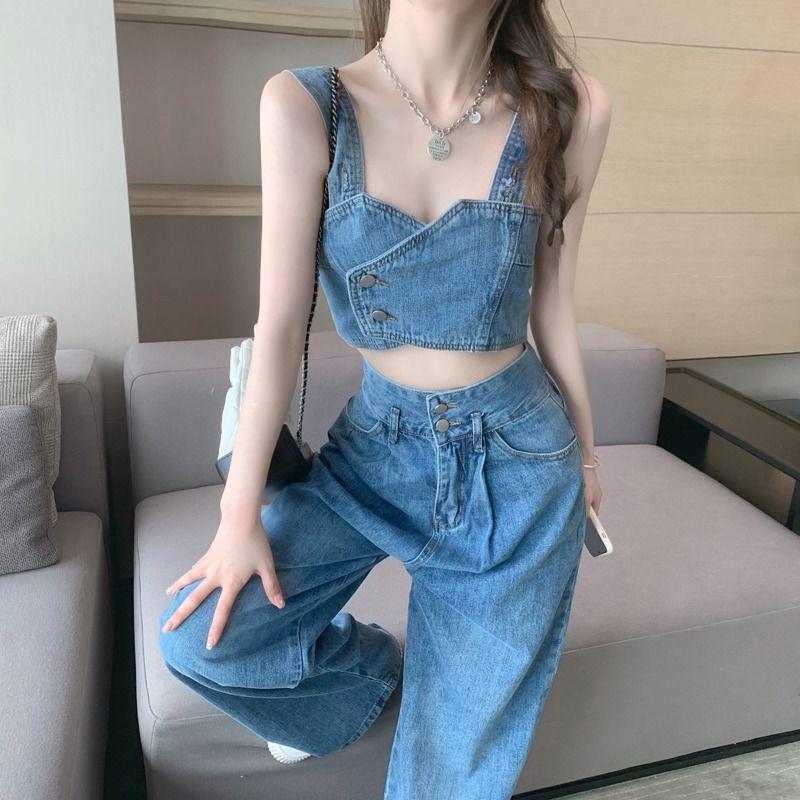

Street Style Denim Set: Trendy Cropped Vest & High-Waisted Wide-Leg Trousers Small