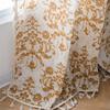 Mustard Damask Printed Curtains - Khaki European Floral Ready-Made Drapes with Tassel Trim | Semi-Sheer Kitchen Valance & Bay Window Light Filtering