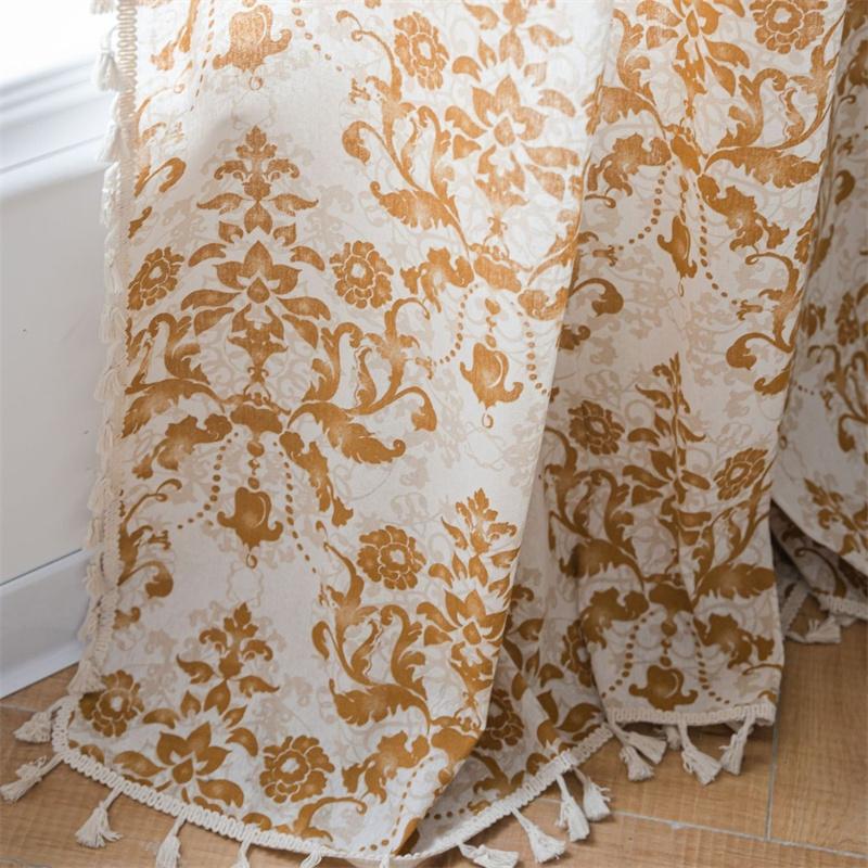 Mustard Damask Printed Curtains - Khaki European Floral Ready-Made Drapes with Tassel Trim | Semi-Sheer Kitchen Valance & Bay Window Light Filtering