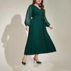 Plus Size Tie-Waist Patchwork Pleated Dress - Elegant Spring/Autumn Long Sleeve Style