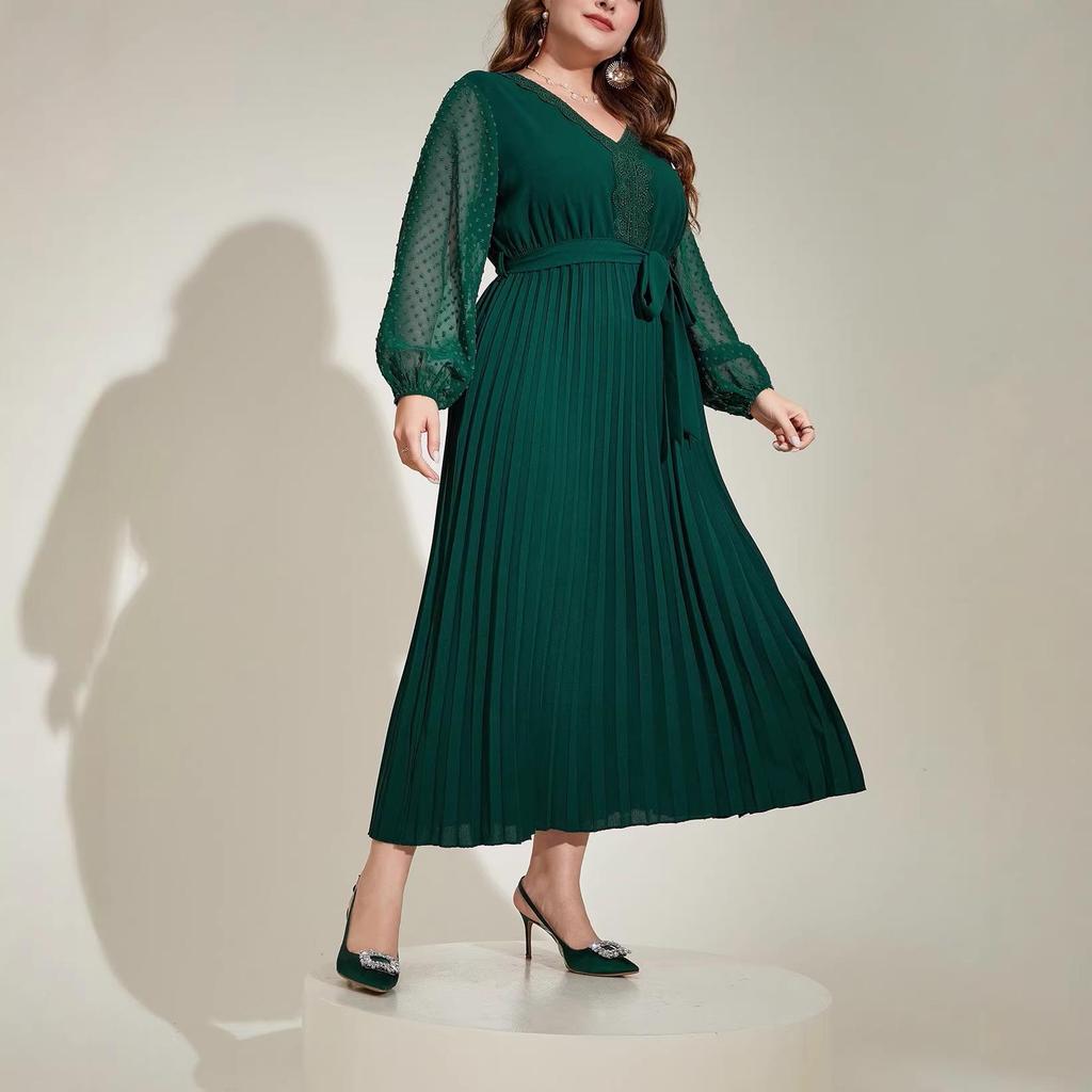 Plus Size Tie-Waist Patchwork Pleated Dress - Elegant Spring/Autumn Long Sleeve Style
