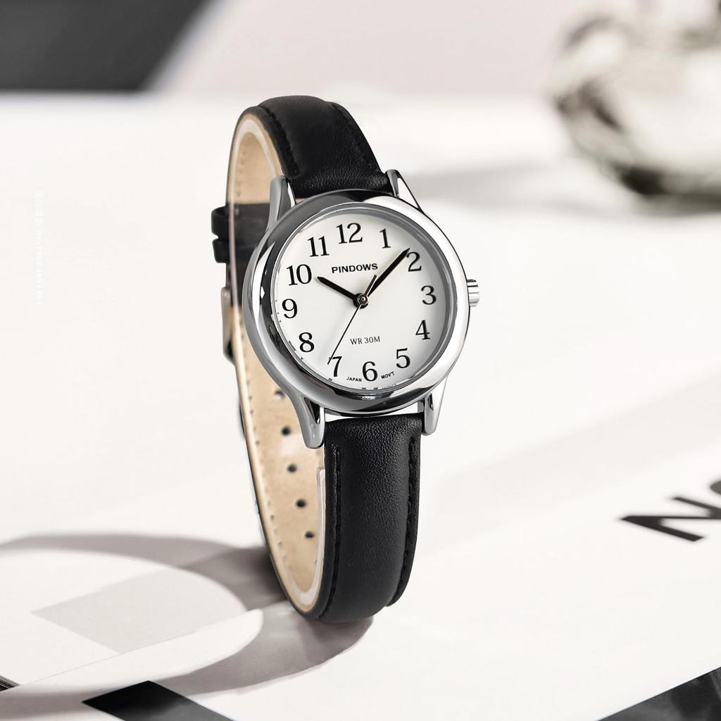 PINDOWS Women's Slim Minimalist Quartz Analog Watch with Black Leather Strap and Gold-Tone Case - A Stylish and Elegant Everyday Watch