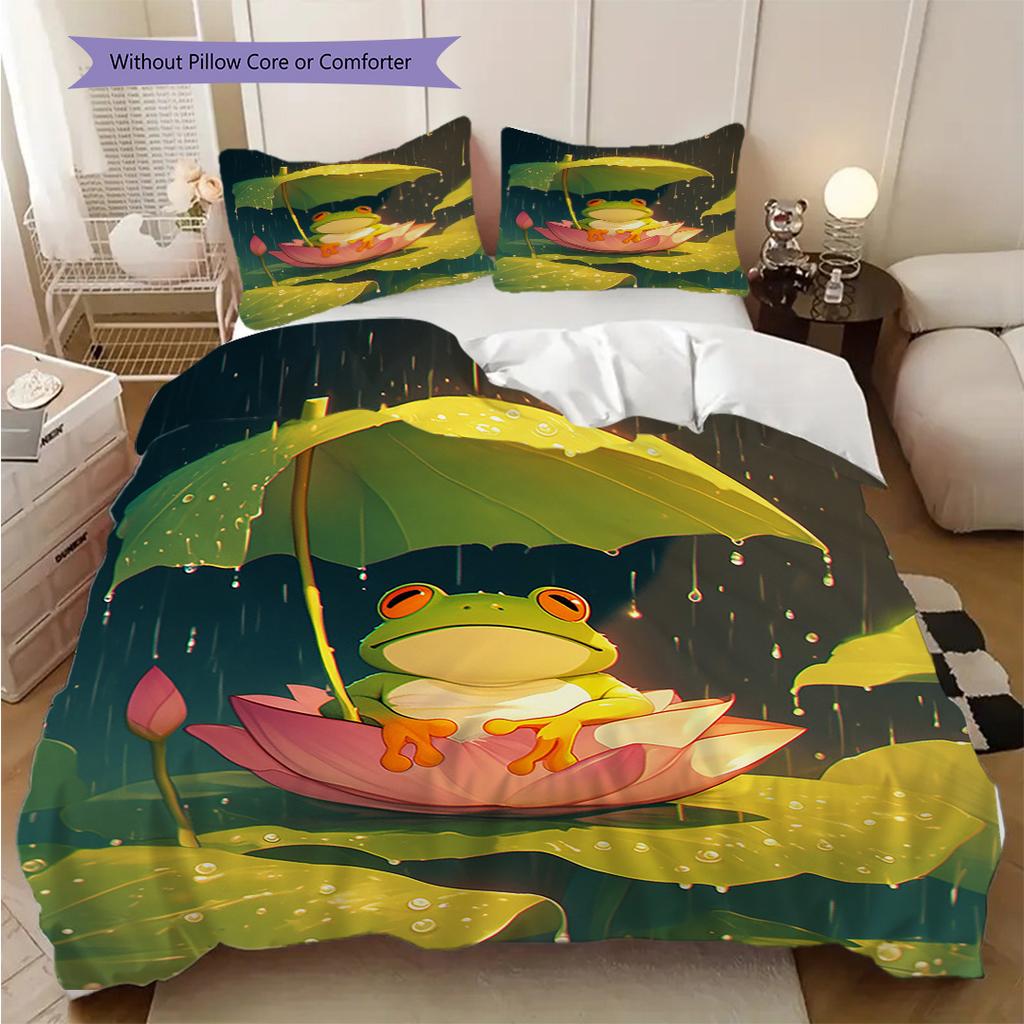 Frog Pattern Bedding Quilt Set Quilt Cover Pillowcase Home Decoration Birthday Gift (1 * Duvet Cover + 2 * Pillowcase, Without Core)