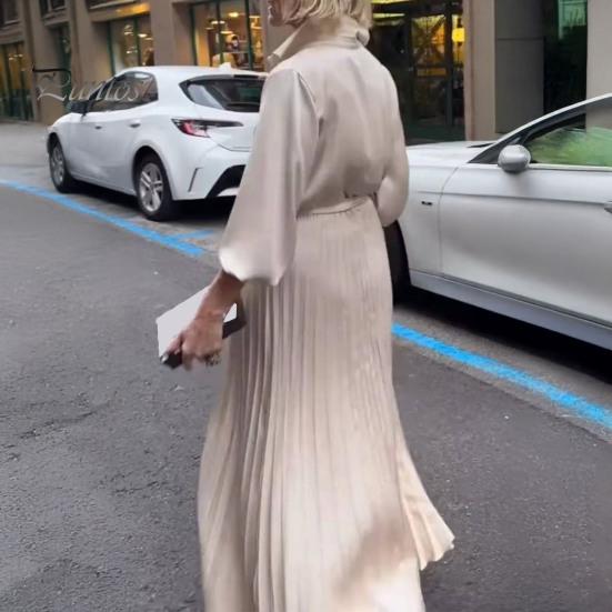 Women Dress Lapel V-Neck Long Sleeve Lace-up High Waist Long Dress Solid Color Pleated Hem Shirt Dress