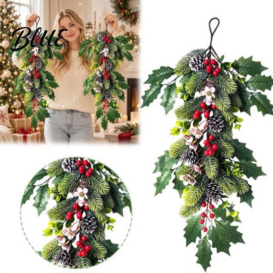 Holiday Soft Furnishing Wreath with Artificial Holly Teardrop Swag Pendant Christmas Leaves Swag Pinecones Party