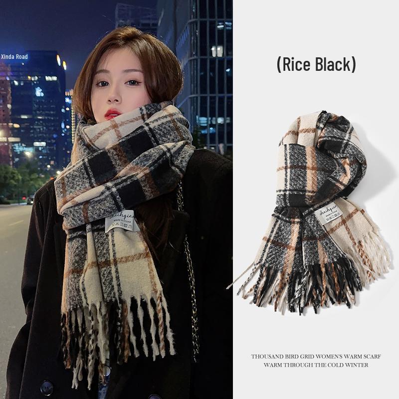 Women's Winter Christmas Plaid Scarf - Korean Fashion, Thick Warm Imitation Cashmere Shawl with Tassels