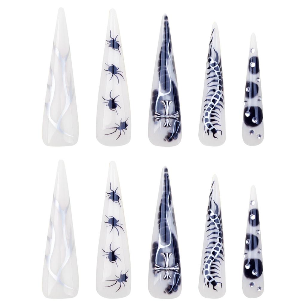 Silver Flame Crocodile Print Long Pointed False Nails - Cool Hot Girl Wearable Nail Art