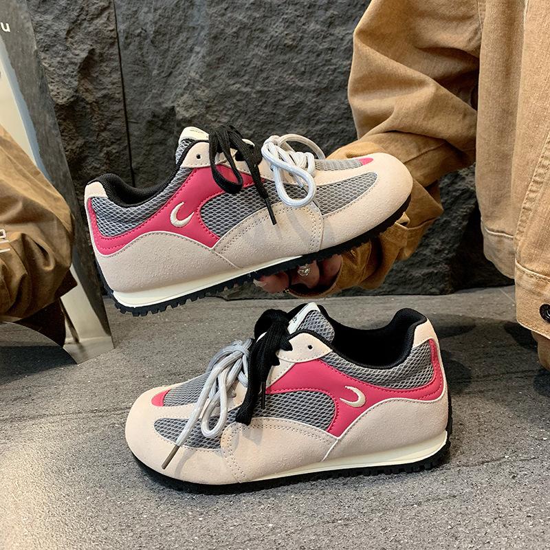 Double cowhide version shoelaces breathable inner height increase moral training shoes women's spring and summer flat mesh letters ugly cute casual