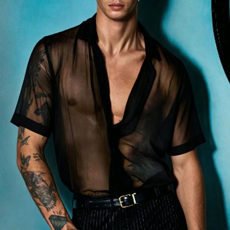 Men's Mesh See-Through Short-Sleeve Shirt, Summer Thin Breathable Party Base Shirt