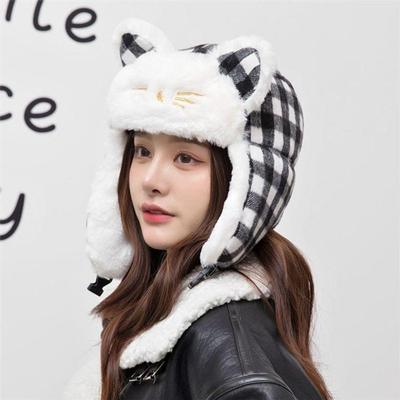 Cute Winter Hat with Checkered Cat Face and Ears