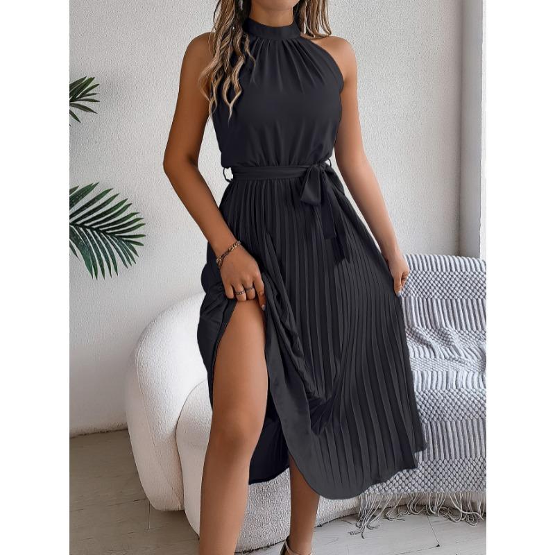 Sleeveless Summer Pleated A-line Dress Casual Solid Color Loose Party Lace-up Elegant Dresses Fashion Midi Sweet Stand Collar Holiday Clothing