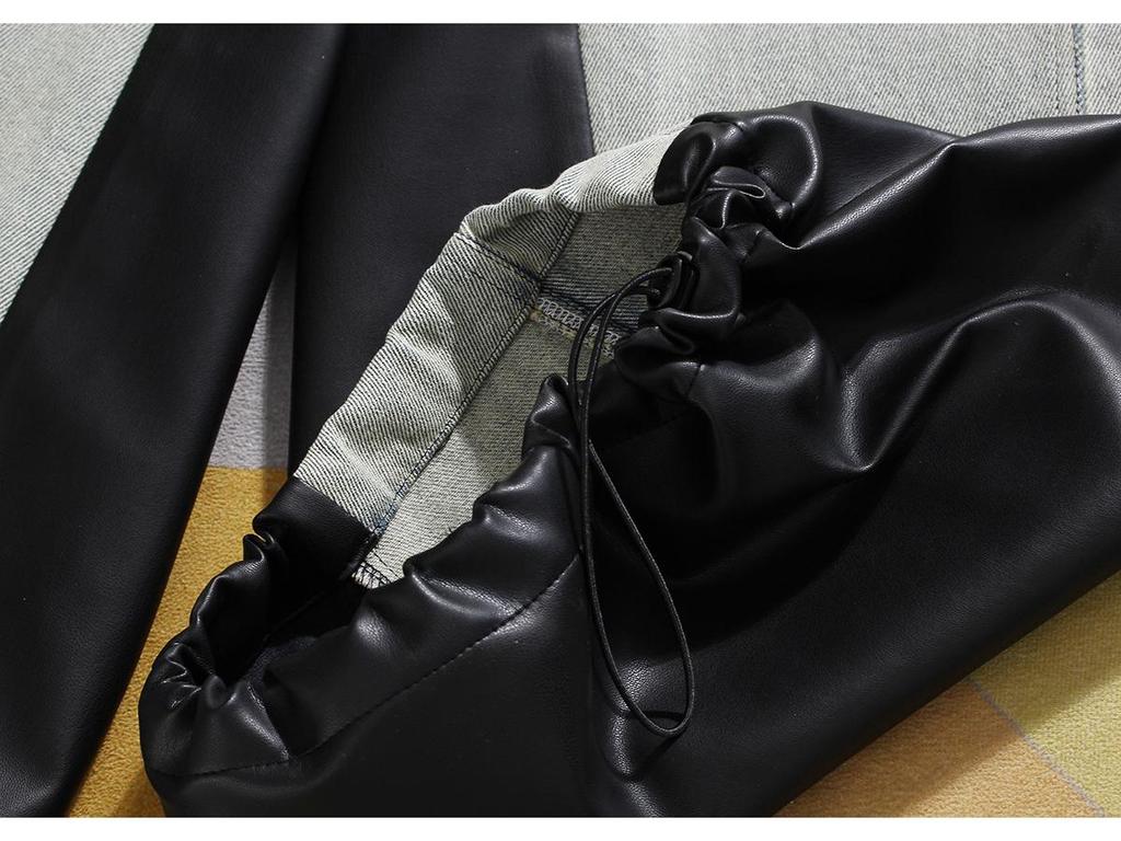 Women's Retro Washed Straight-Leg Jeans with Leather Splice, Contrasting Colors - 2025 Spring Street Style.