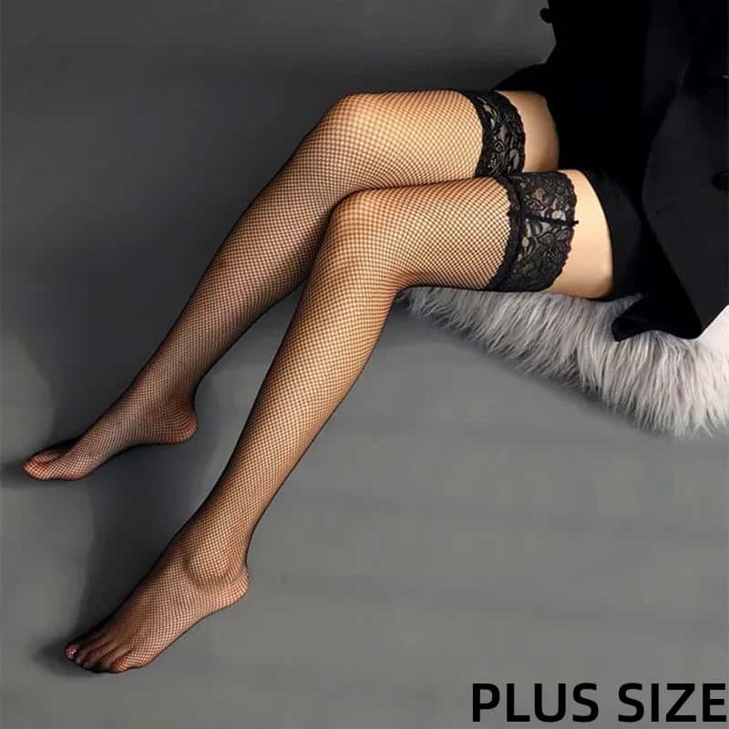 Überknie Große Spitze Fischernetz Lange Socken Schwarz Weiß Sexy Mädchen Oberschenkelhoch Seidennetz Anti-Rutsch Strümpfe für Übergröße Frauen Plus Size XXXXXL