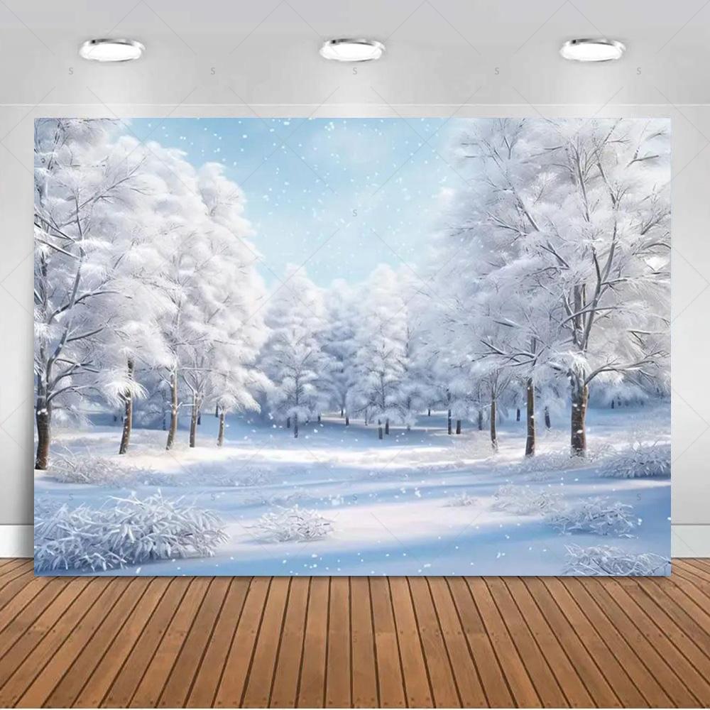 Paesaggio Invernale Scena di Neve Foresta Bianca Sfondo Fotografico Forniture Decorazioni Festa di Natale Striscione di Sfondo Oggetto di Scena per Foto