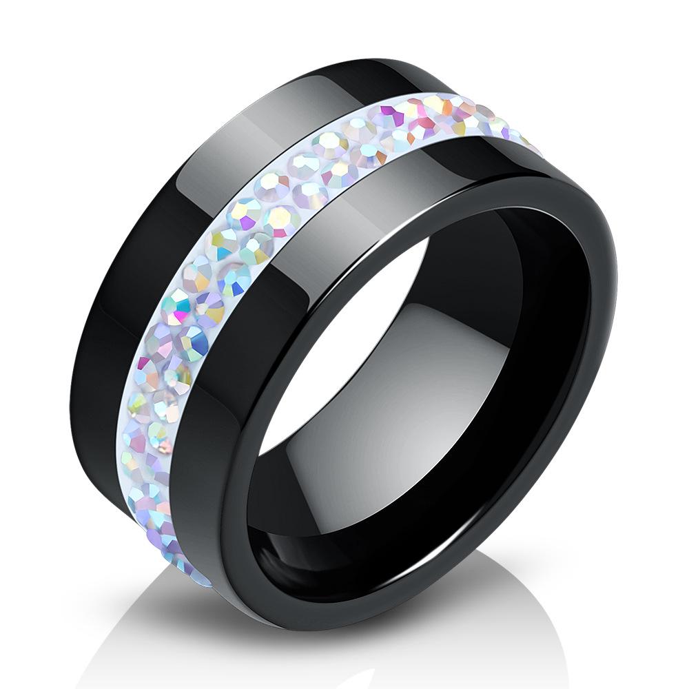 Stylish Ceramic Black and White Two-Row Diamond Ring, 10MM