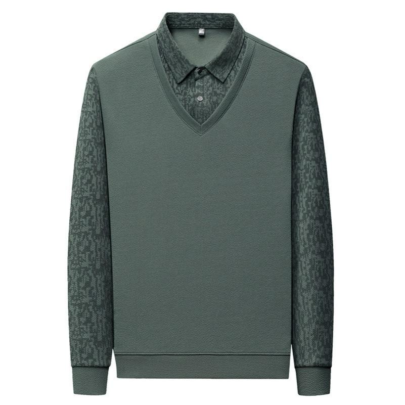 Plus Velvet Men's Long-sleeved T-shirt Winter Vacation Two-piece Middle-aged Lapel Thickened Warm T-shirt Men's Bottoming Shirt