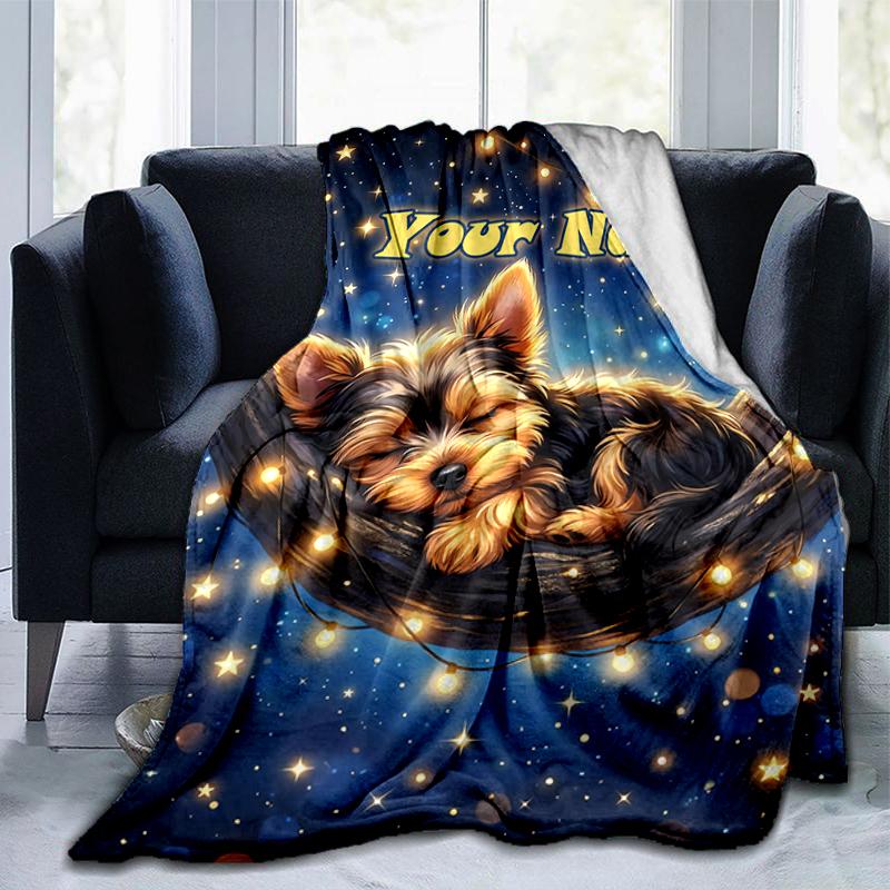 1PC Custom Name "Yorkie Dreams Lights" flannel blanket versatile,all-season throw suitable for the living room,bedroom,camping,travel,and gift