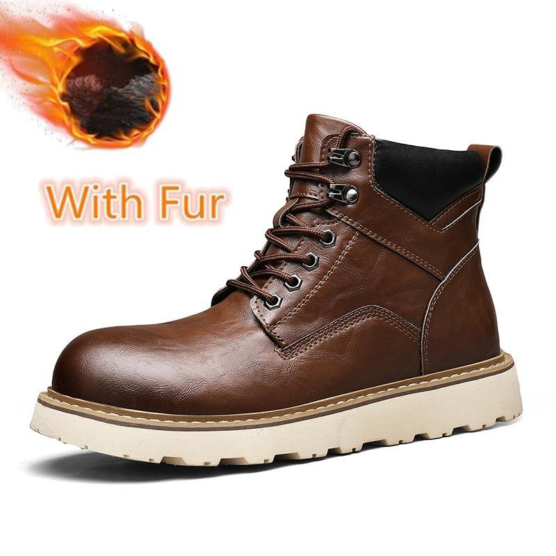 

Осенне-зимние теплые плюшевые меховые зимние ботинки новые повседневные кожаные мотоциклетные ботинки на шнуровке с толстой подошвой и нескользящими мужскими ботинками до щиколотки 45