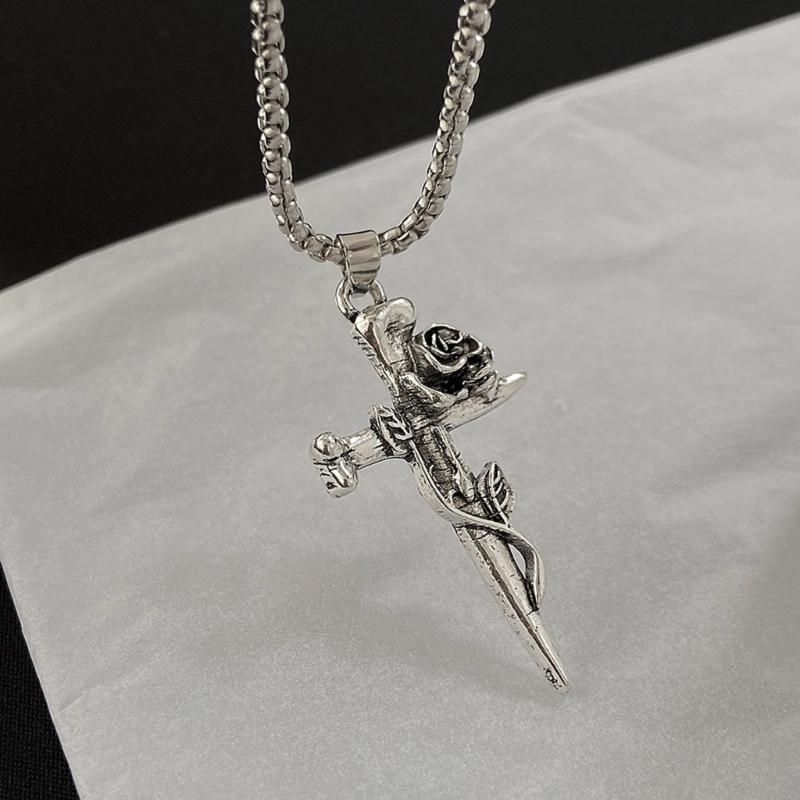 Alloy Rose Crucifix Pendant Necklace For Everyday Wear Religious Symbol Jewelry Gift With Adjustable Chain Design
