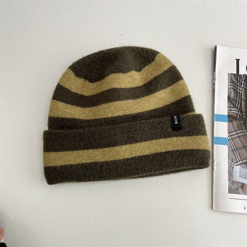 Striped letter sewn label roll brim casual retro fashion versatile street wool hat stack hat
