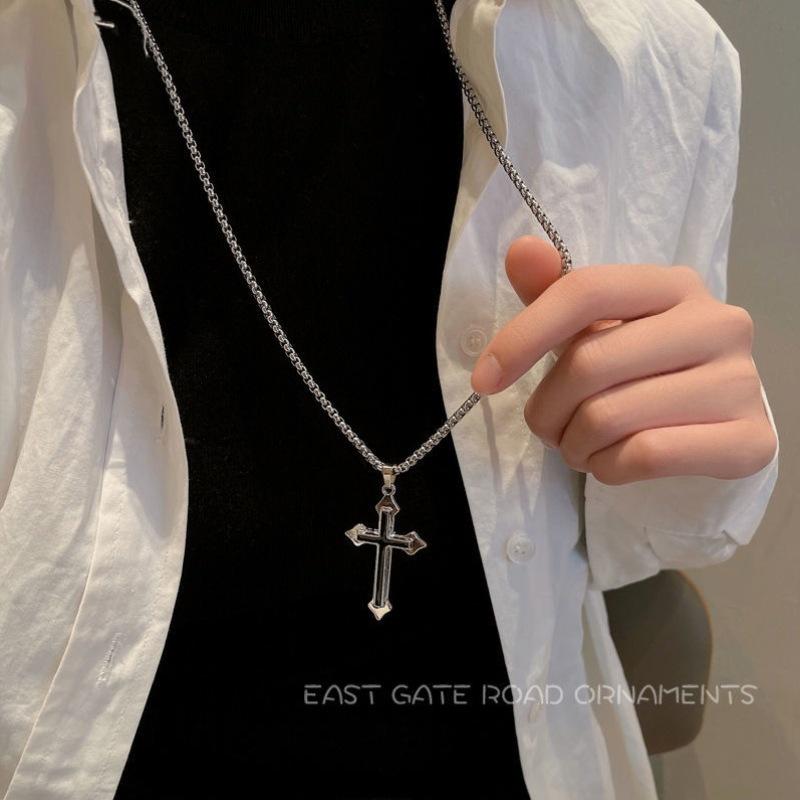 Trendy Harajuku Hip-Hop Titanium Steel Cross Pendant Necklace for Men.