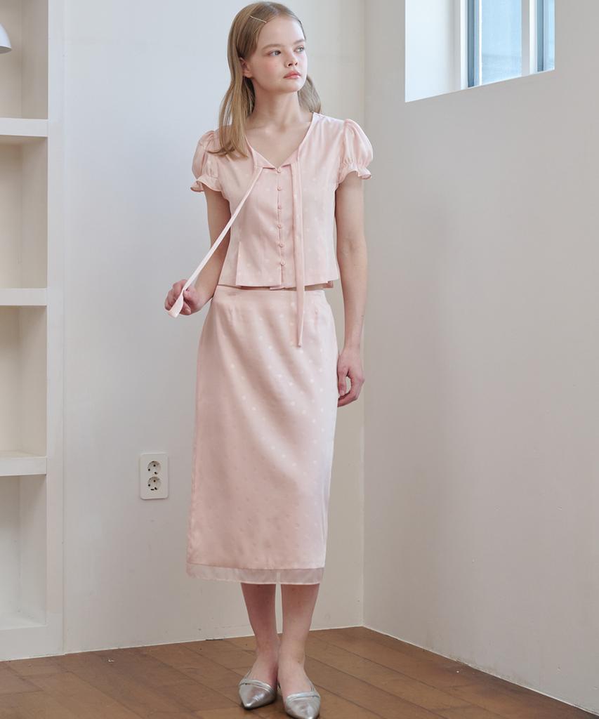 OPENING SUNSHINE Set - Satin Jacquard Tie Blouse + H Midi Skirt Pink