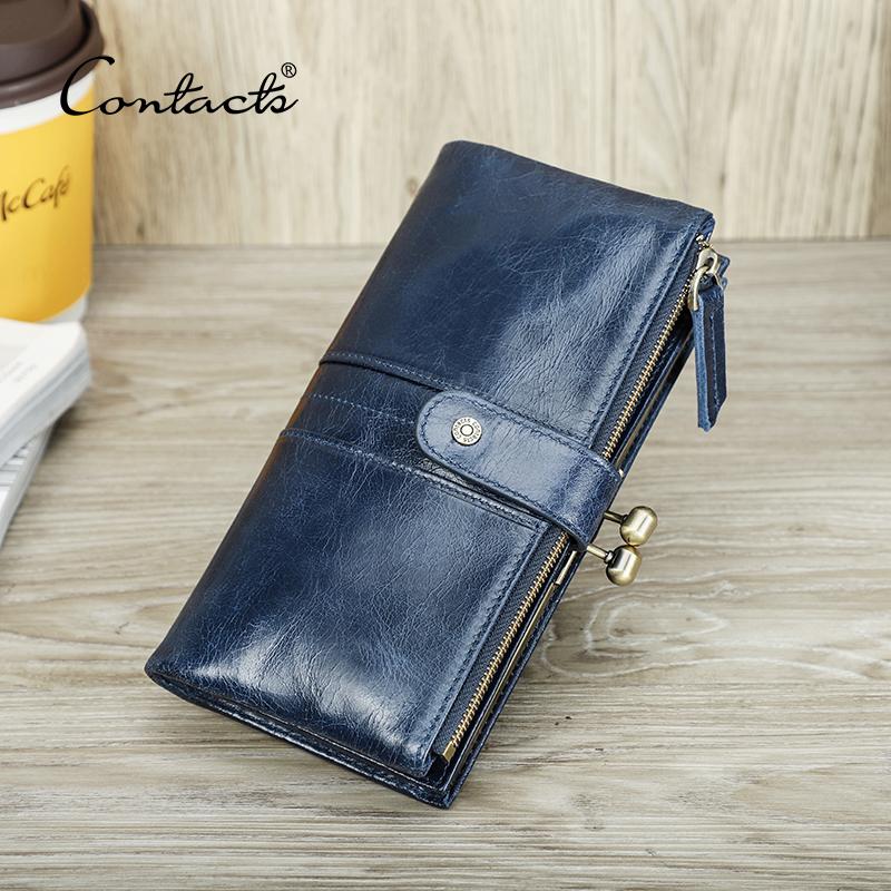 

Длинный кошелек из натуральной кожи, женский кошелек с металлическим каркасом, держатель для карт с застежкой и молнией, карман для монет, 6,7 дюйма, RFID-кошелек для телефона синий