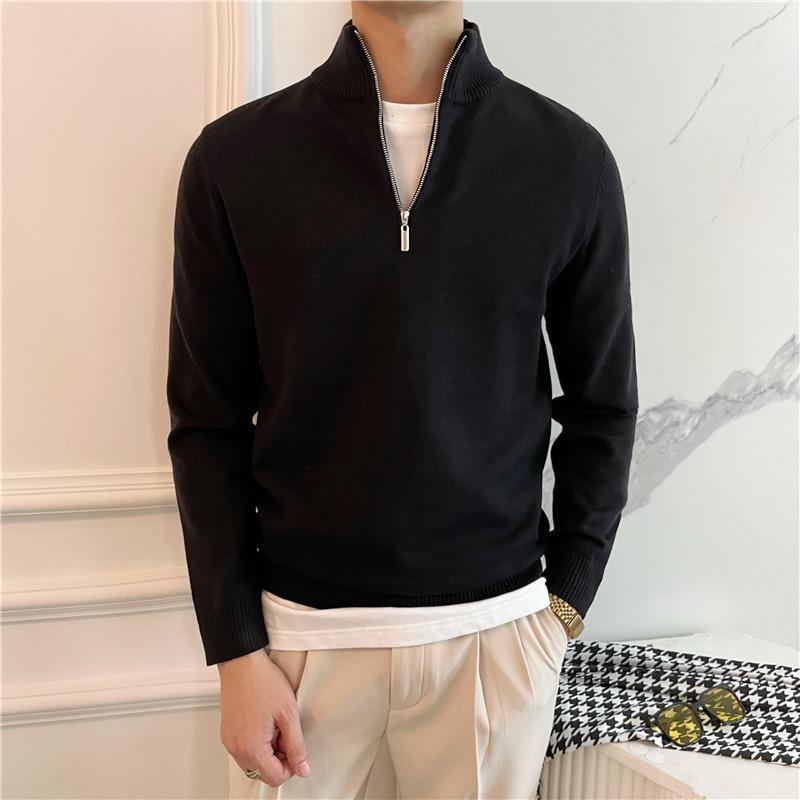 Men Half Zipper Long Sleeve Solid Color Business Fitted Knit Sweater Bottoming Shirt
