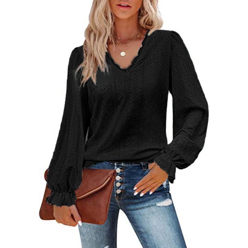 Spring and Summer Women s V-neck T-shirt Hollow Casual Pleated Sleeve Blouse Shirt XS