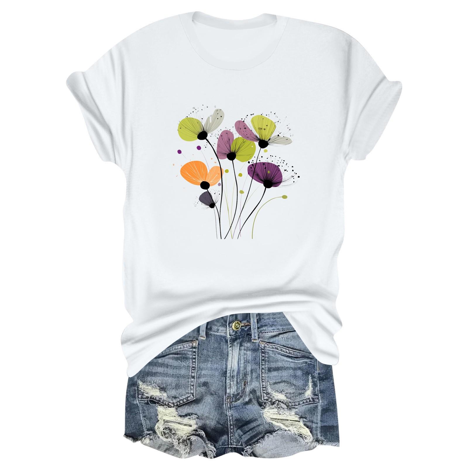 

Женская повседневная футболка с принтом «Цветы и растения», свободная, с круглым вырезом, пуловер, короткий рукав XL белый