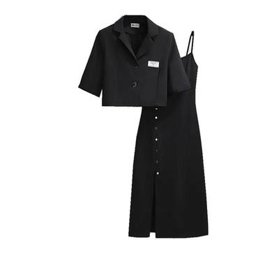 Two Piece Fashion Suit Suspender Dresses Ladies Suit Black Simple Dress Suit Short Casual Suit Dress Black Dress Suit