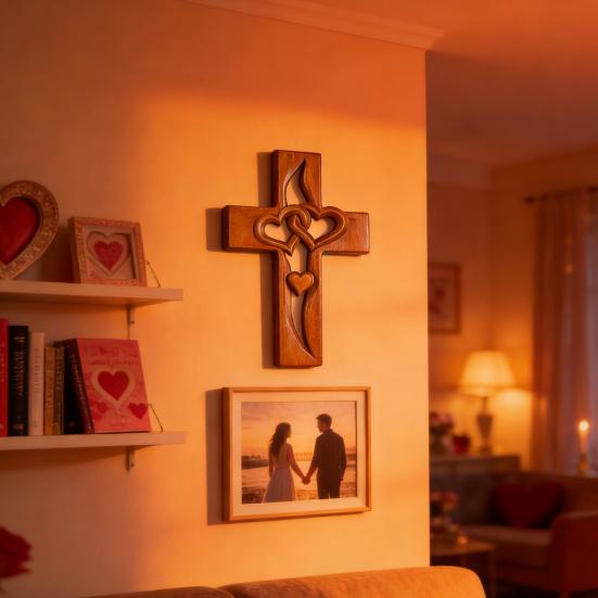 Propletená srdce Dřevěná nástěnná dekorace Ručně vyřezávaná Dvojitá srdce Nástěnná socha Domácí obývací pokoj Nástěnná závěsná Křesťanská náboženská ozdoba