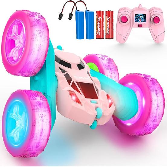 Pink Remote Control Car for Girls 6-12 Year Old Double Sided 360Captive Rotating 4WD Rechargeable RC Cars Race Stunt Toy Car for Kids Birthday