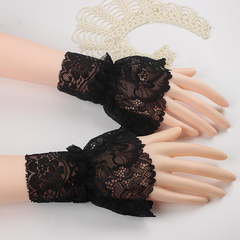 Women Short Arm Sleeves Lace Wrist Cuffs Bracelets Solid Black White Gloves Gothic Fingerless Gloves Bowknot  Glove
