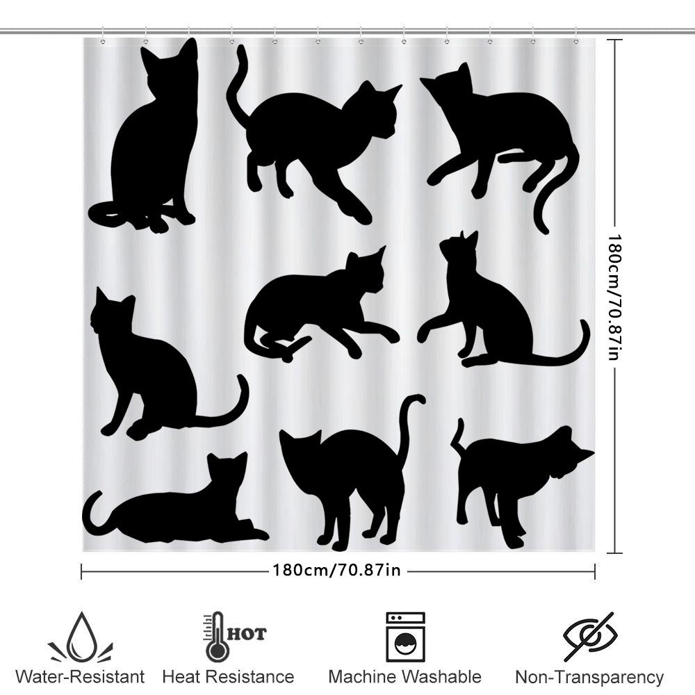 Animal Print Shower Curtains Set Polyester Waterproof Black Cats Silhouette Bathroom Decor Customizable Lengths
