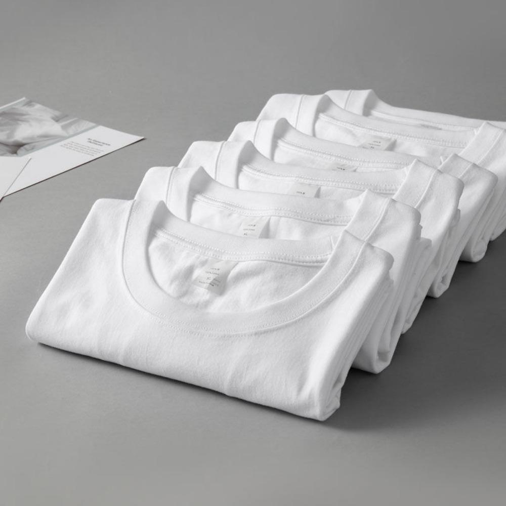 230G Cotton Round Neck T-shirt Men's Thick and Opaque Pure White Short Sleeve Basic Style