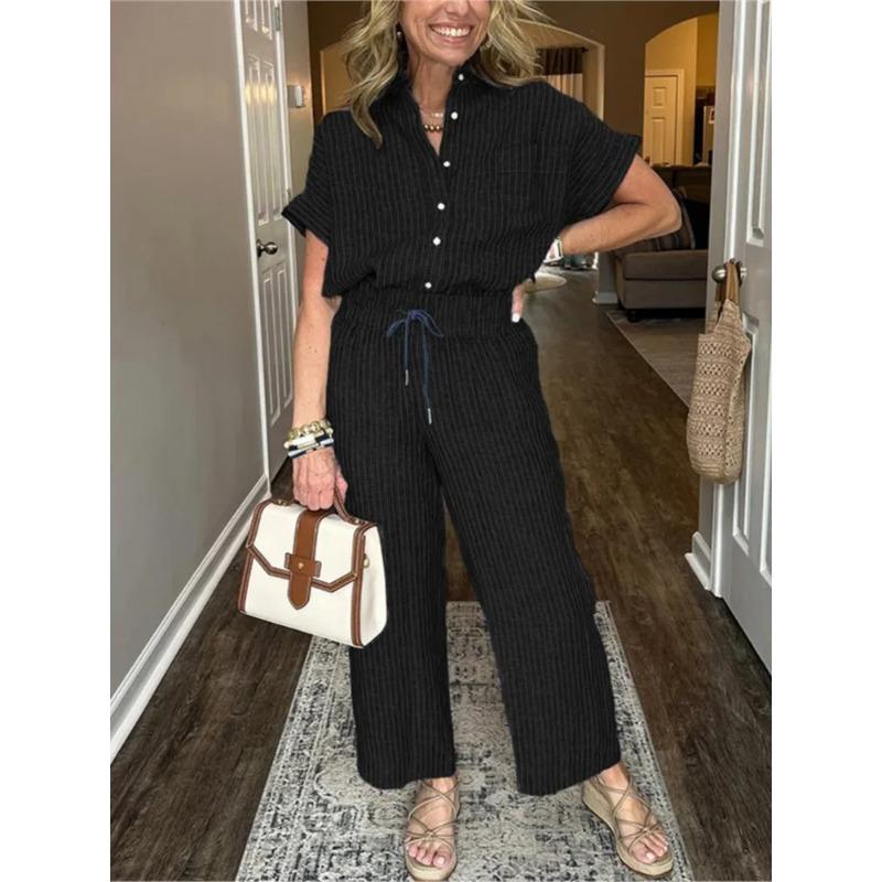 Classic Spring Autumn Striped Printed Short Sleeve Shirt Set Retro Casual Loose Waist Trousers Women's Suit