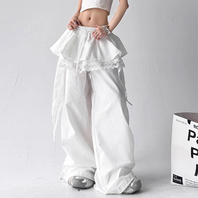 White pants women's summer thin stacked skirt design tooling casual pants women's niche splicing