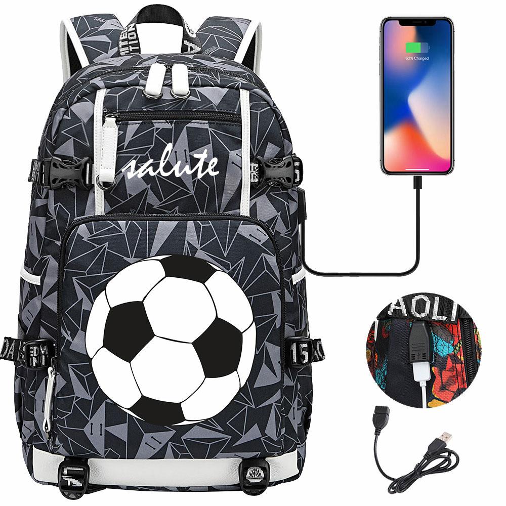 Soccer Print College Student Backpack with USB Charging Port Large Capacity Back To School Bags Women Men Laptop Travel Mochila