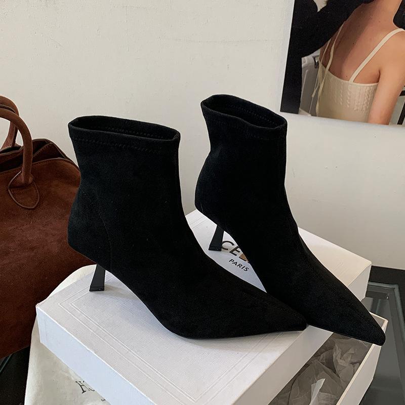Brown Short Boots Women's  New Spring and Autumn Suede French High-heeled Ankle Boot Pointed Elastic Fashion Thin Boots