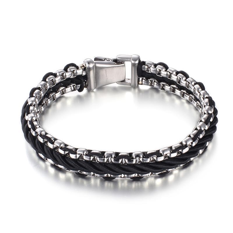 KALEN Silver Color Stainless Steel Bangle Leather Men Bracelet 21cm&Trendy