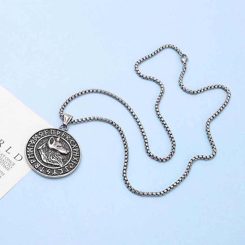 Norse Mythology Odin Runes Wolf Head Titanium Steel Pendant Necklace for Men Viking Jewelry