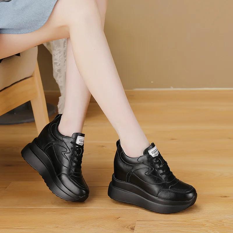 Fashion 10CM Genuine Leather Synthetic Platform Wedge Sneakers Chunky Hidden Heel Women Casual Females Autumn Winter Women Shoes