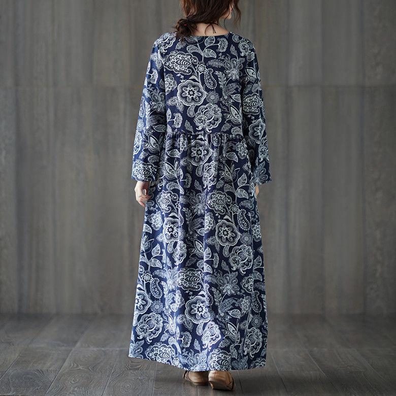 Frühlings- und Herbst Damen Retro Ethno-Stil Locker Übergröße Großes Schwingkleid