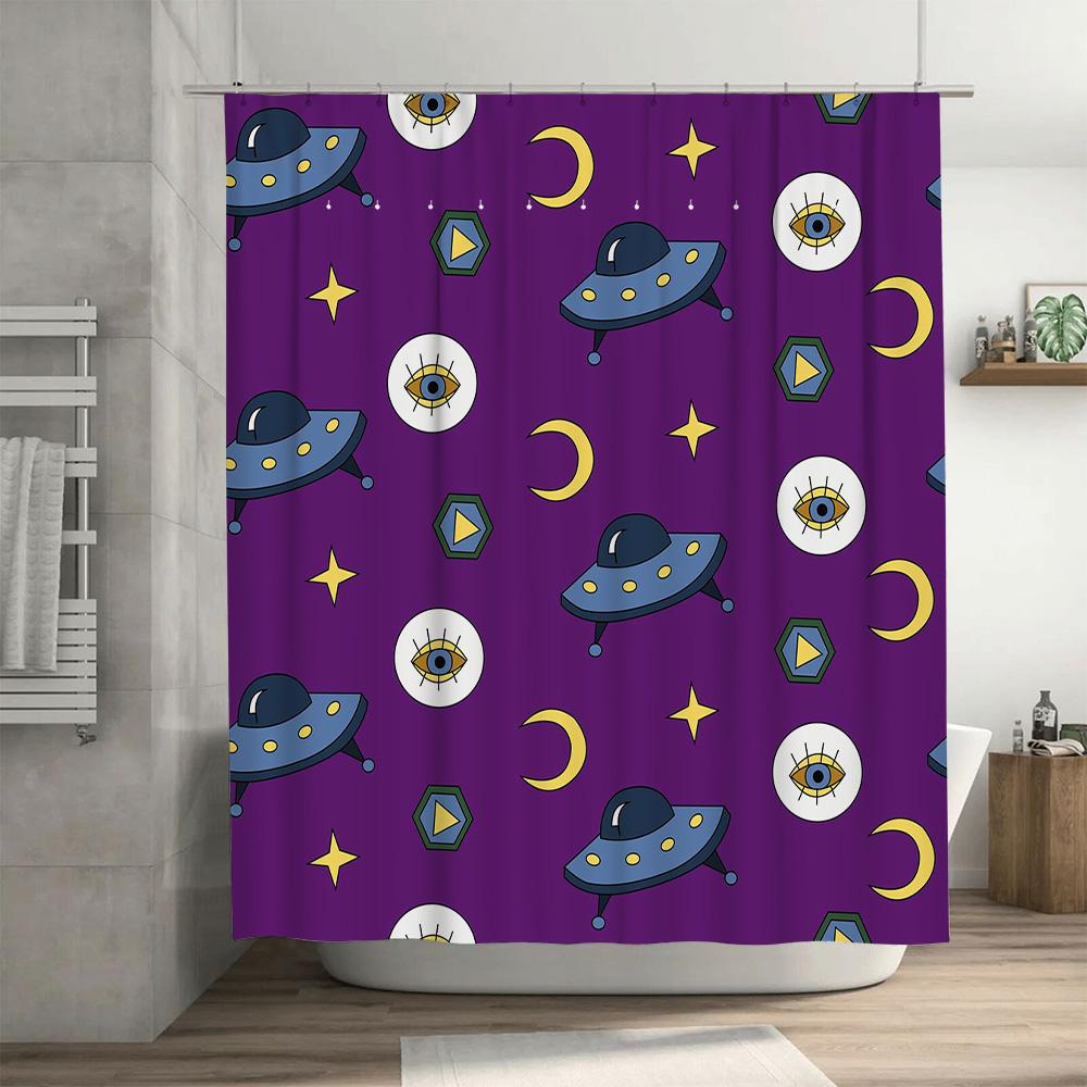 Ufo Shower Curtain Space Pattern Purple Bath Mat Decorative Waterproof Fabric Shower Curtains For Home Bathroom