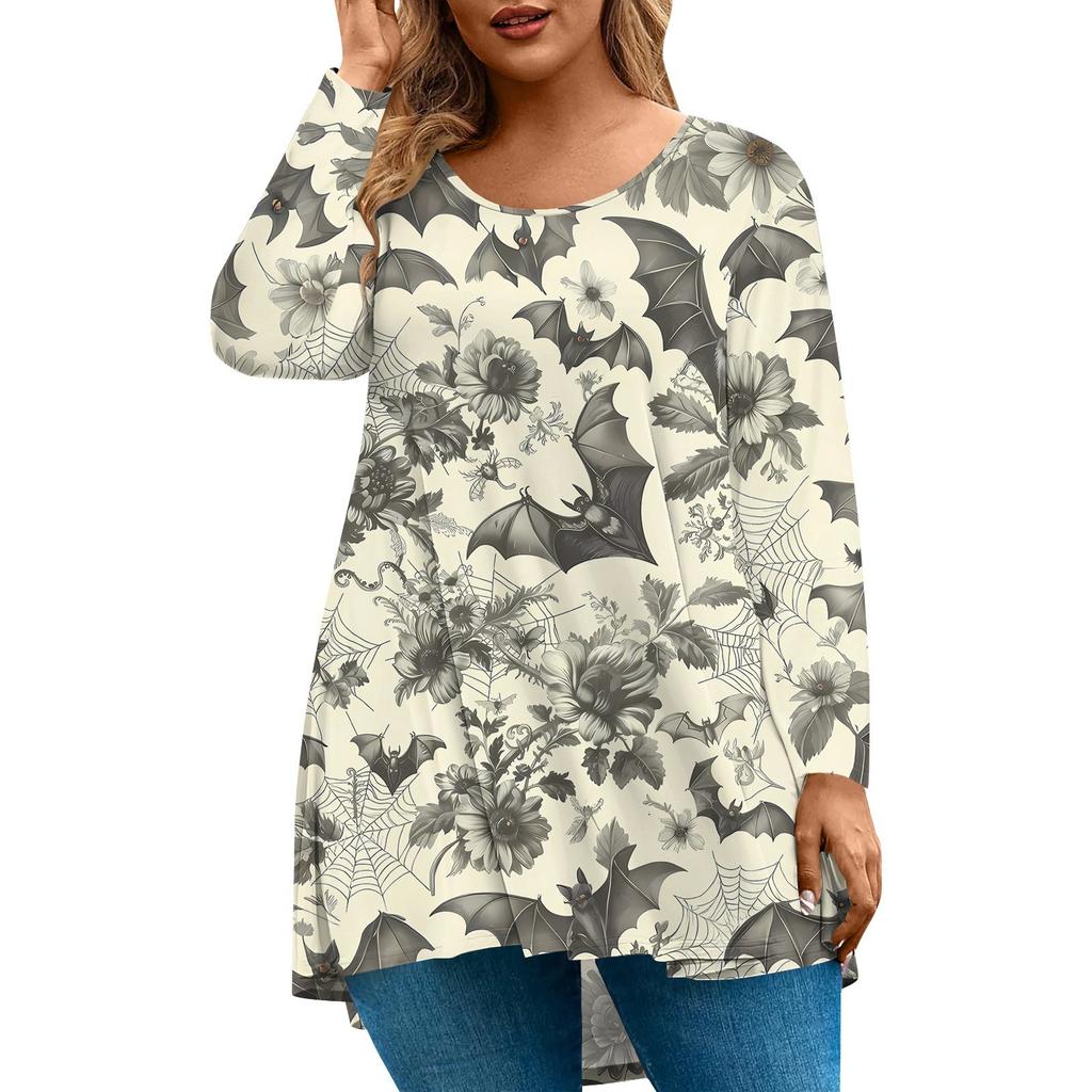 Women's Fashion Large Size Round Neck Long Sleeve Casual Halloween Print Loose Pullover Top