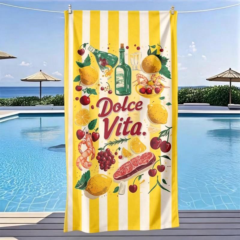 Telo da Spiaggia Dolce Vita Estate Italiana Giallo a Strisce Stampa Cibo e Bevande Asciugatura Rapida